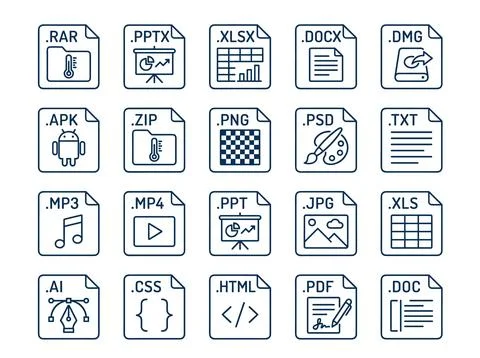 Collection of popular file format icons including RAR, PPTX, XLSX, DOCX, DM.. Stock Illustration