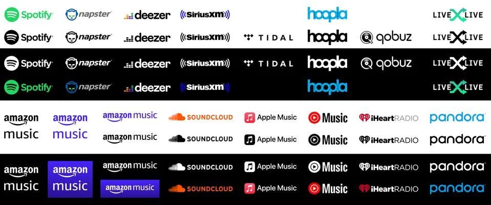 Collection of popular music streaming services logos Stock Illustration