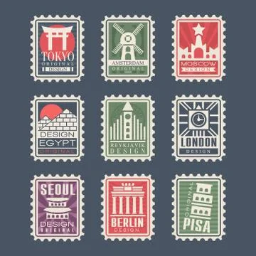 Collection of postage stamps, cities of the world, vector Illustrations, city Stock Illustration