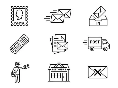Collection of postal service and mail delivery icons including a postage st.. Stock Illustration