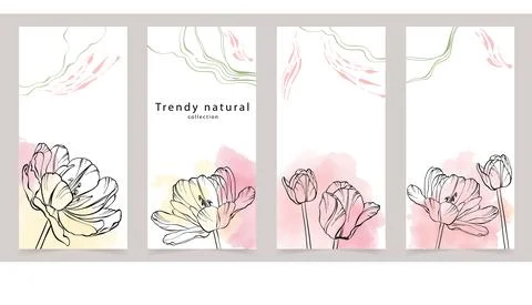 Collection of postcards with spring flowers invitations stickers. Stock Illustration