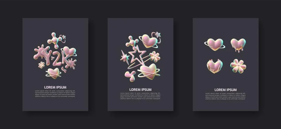 A collection of posters with 3d shapes with unusual shiny pink shapes and Stock Illustration