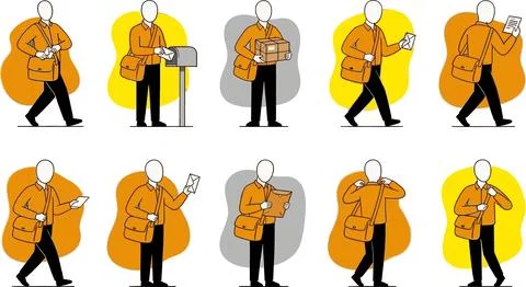Collection of Postman Poses Delivering Mail and Packages. Stock Illustration