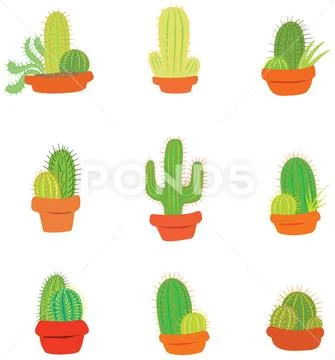 Collection of Potted Cactus and Succulent Plants Cartoon Vector Illustrations Stock Illustration