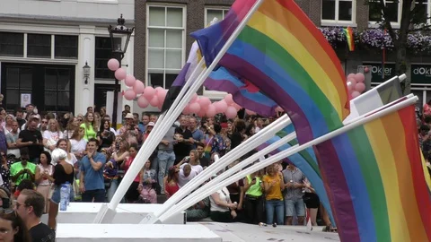 Collection of pride flags during Canal Pride in Amsterdam Stockbeeldmateriaal 128115921