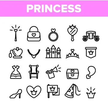 Collection Princess Elements Vector Icons Set Stock Illustration