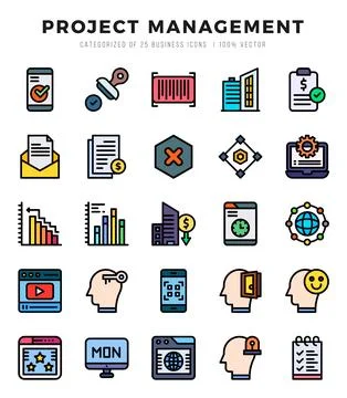 Collection of Project Management 25 Lineal Color Icons Pack. Illustrazione stock