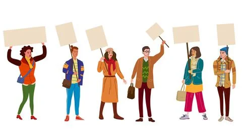 Collection of Protesters crowd man and woman holding empty banners. Activists Stock Illustration