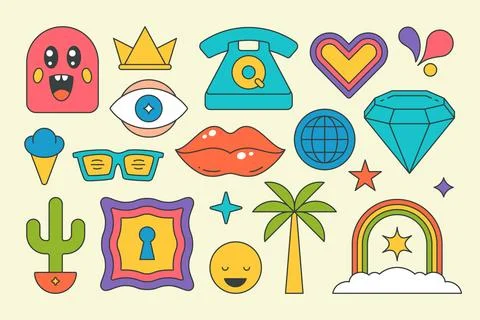 Collection psychedelic bright rainbow pop art style graphic elements design.. 스톡 일러스트