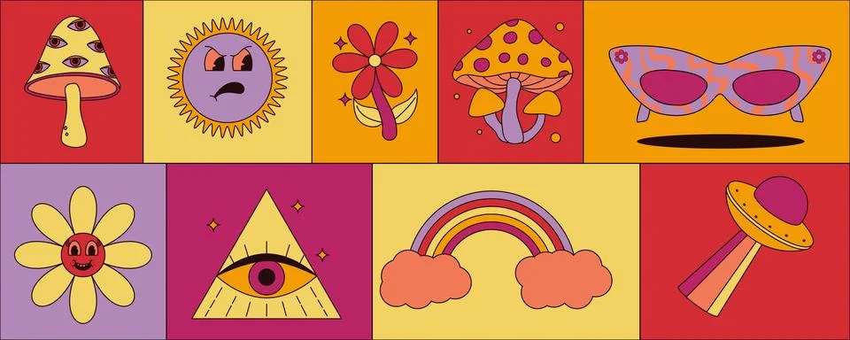 Collection of psychedelic groovy elements with mushrooms, sun, flower, eyes.. Illustrazione stock