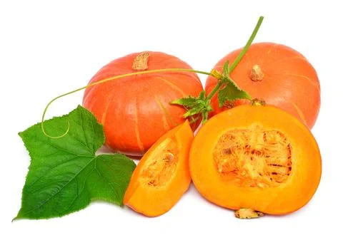 Collection pumpkin whole and half with leaves isolated on white background Stock Photos
