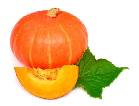 Collection pumpkin whole and half with leaves isolated on white background Stock Photos