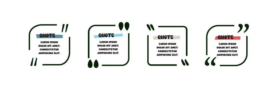 Collection of quote box frames and icons. Text in brackets. Blank template o Stock Illustration