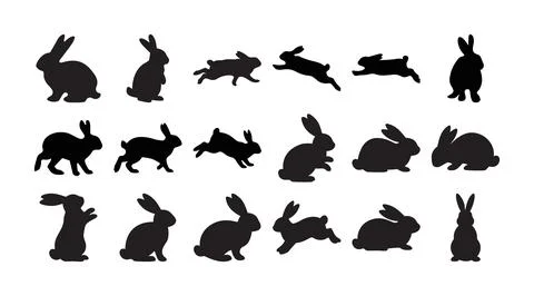 Collection of Rabbit and Hare Silhouettes in Various Poses Stock Illustration