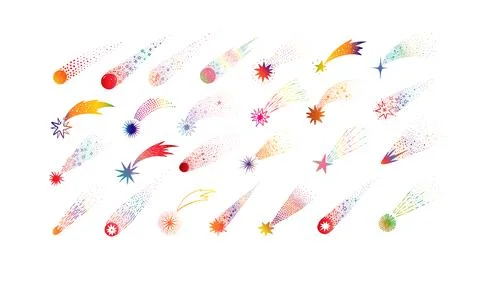Collection of rainbow doodle comets, meteorites and shooting stars on white 스톡 일러스트