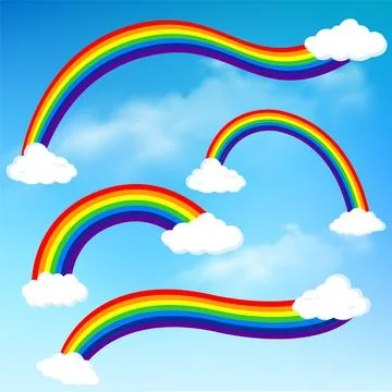 Collection of rainbow vector illustration isolated on blue sky background. Illustrazione stock