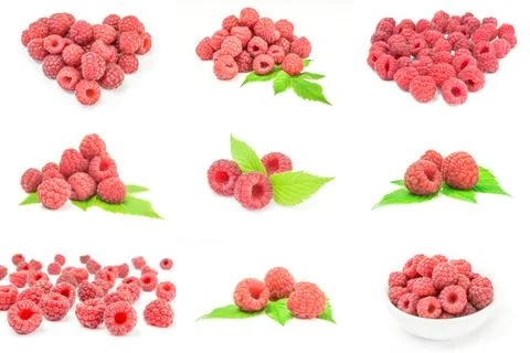 Collection of raspberry fruit close-up on white Foto stock