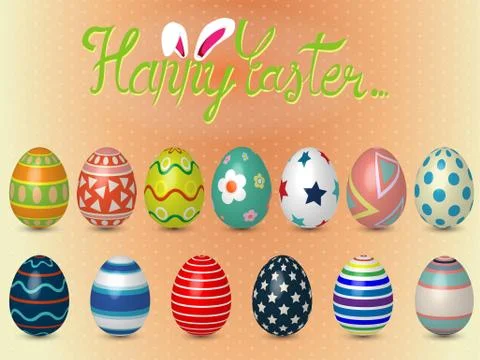 Collection of realistic 3D Easter eggs with different texture, pattern on ret Stock Illustration