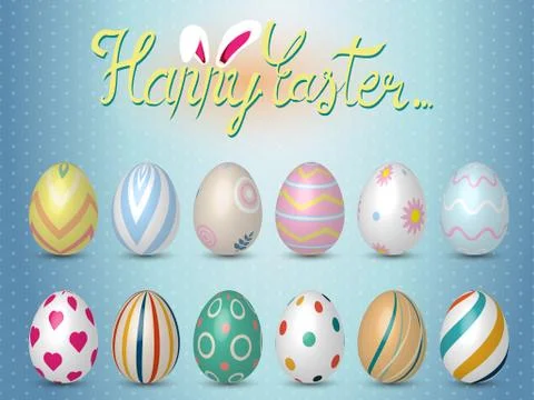Collection of realistic 3D Easter eggs with different texture, pattern on ret イラスト素材