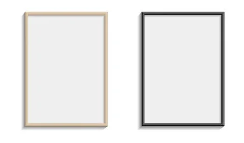 Collection of realistic empty picture frames featuring natural wood and bla.. Stock Illustration