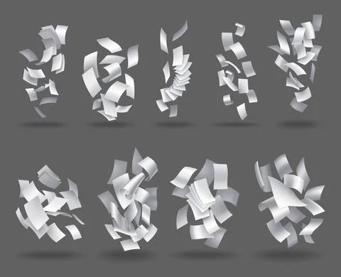 Collection of realistic falling paper sheets. Set of flying curved leaves of Illustrazione stock
