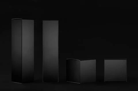Collection of rectangle tall and square black paper boxes  - different sides  Foto stock