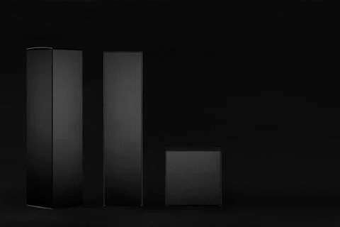 Collection of rectangle tall, square black paper boxes, front, side view on b Stock Photos