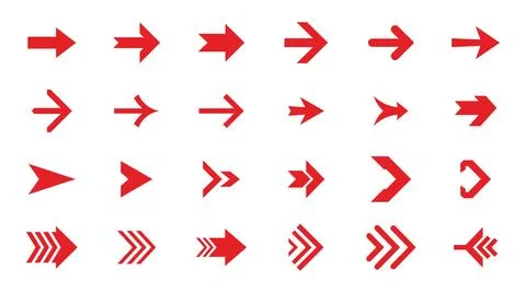 Collection of red arrows pointing right in various styles and shapes direct.. Stock Illustration