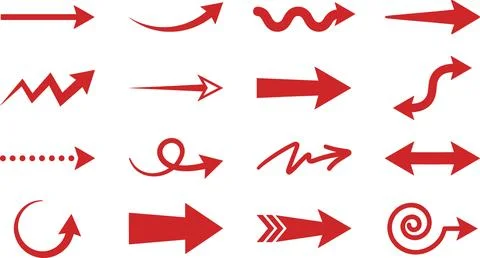 Collection of Red Arrows in Various Styles and Directions. Stock Illustration
