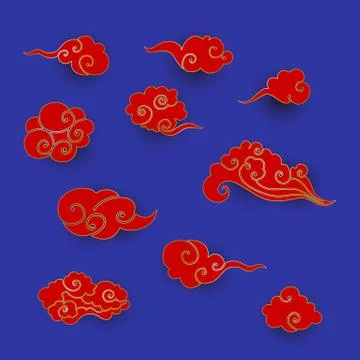 Collection of red asian clouds. Set of paper cut cartoon clouds in traditional Stock Illustration