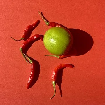 A collection of red chilies forms a circular arrangement around a fresh green Stock Photos