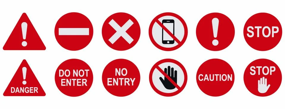 Collection of red circular and triangular safety and warning signs with tri.. Иллюстрация