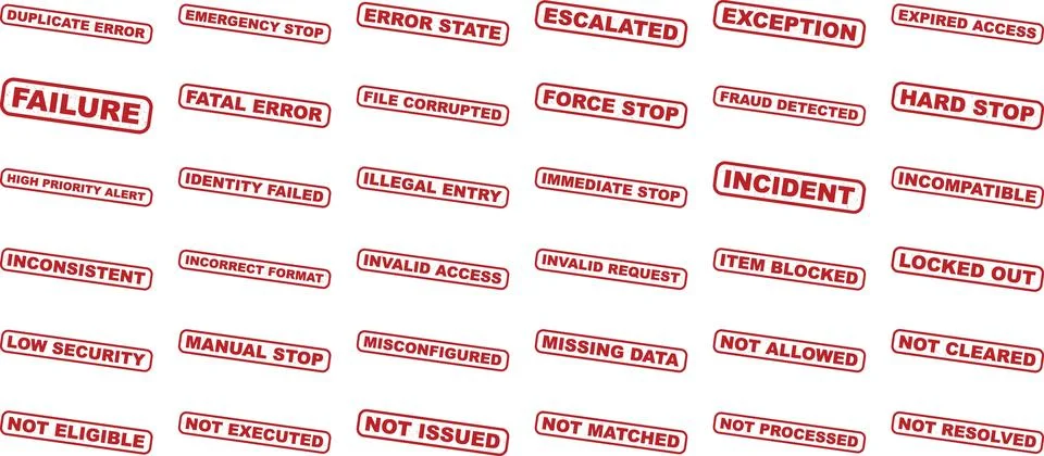 A collection of red error labels and alerts with various terms such as fail.. イラスト素材