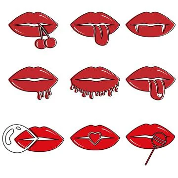 Collection of red female lips. Vector illustration of sexy woman's lips. Smile Stock Illustration