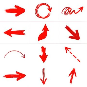 Collection of Red Hand Drawn Arrows and Symbols on White Background. Stock Illustration