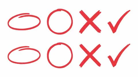 Collection of red hand-drawn markers and checkmarks with approval, rejection Stock Illustration