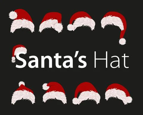 Collection of red santa hats. Vector illustration. New year accessory on black Stock Illustration
