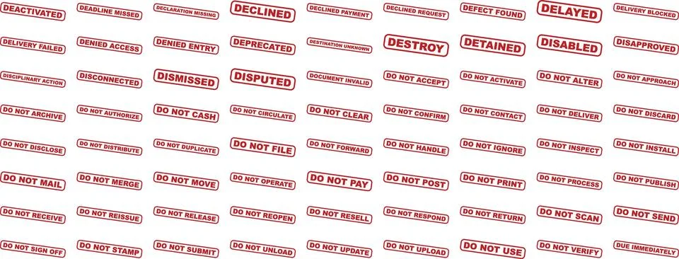 Collection of Red Stamp Labels with Various Instructions and Status Message.. Stock Illustration