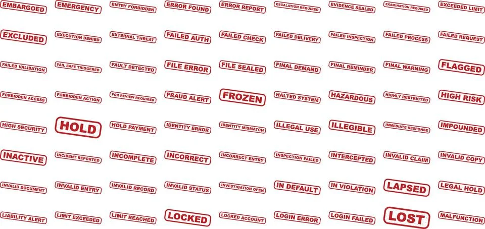 Collection of Red Stamp Labels with Warning Alert and Administrative Status.. Stock Illustration