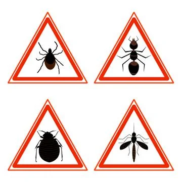 Collection of red triangular warning signs and symbols with icons of pests Stock Illustration