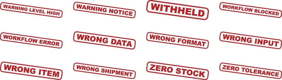 Collection of Red Warning and Error Stickers with Various Alert Messages Is.. Stock Illustration