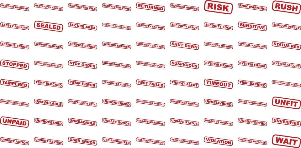 Collection of Red Warning and Status Alert Labels Featuring Security Risks .. イラスト素材