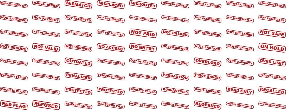 Collection of Red Warning and Status Label Stickers Featuring Common Error .. Stock Illustration