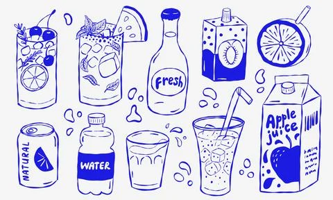 Collection of refreshing drinks in blue outline style Stock Illustration