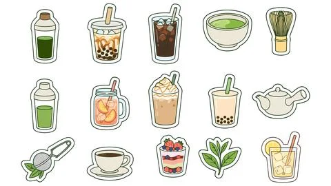 Collection of Refreshing Iced Beverages and Drink Icons for Food Packaging Stock Illustration