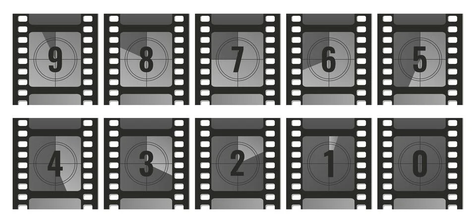 Collection of retro cinema timer counters. Countdown film strip frames Illustrazione stock