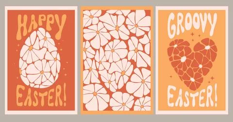 Collection retro Easter posters. Easter egg and heart from daisy flowers. V.. Stock Illustration