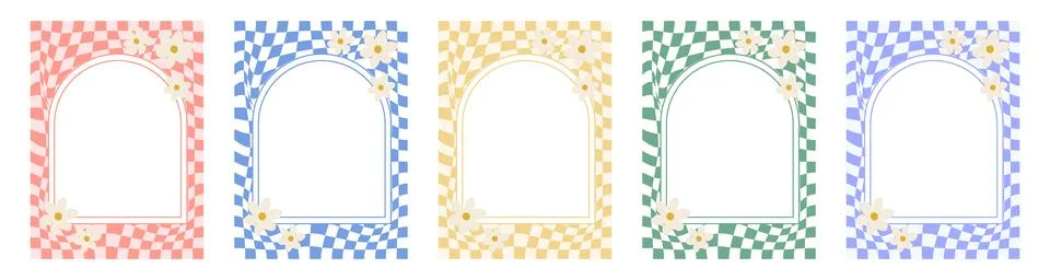 Collection of retro wavy checkered frames with flowers in pastel colors. Mo.. 스톡 일러스트