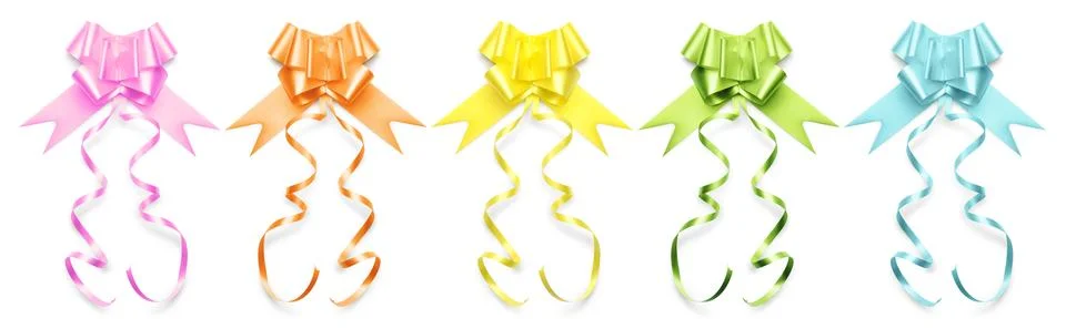 Collection of ribbons bows in shiny colors on white background Illustrazione stock