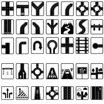 Collection of road and intersection icons, including roundabouts, traffic l.. Stock Illustration